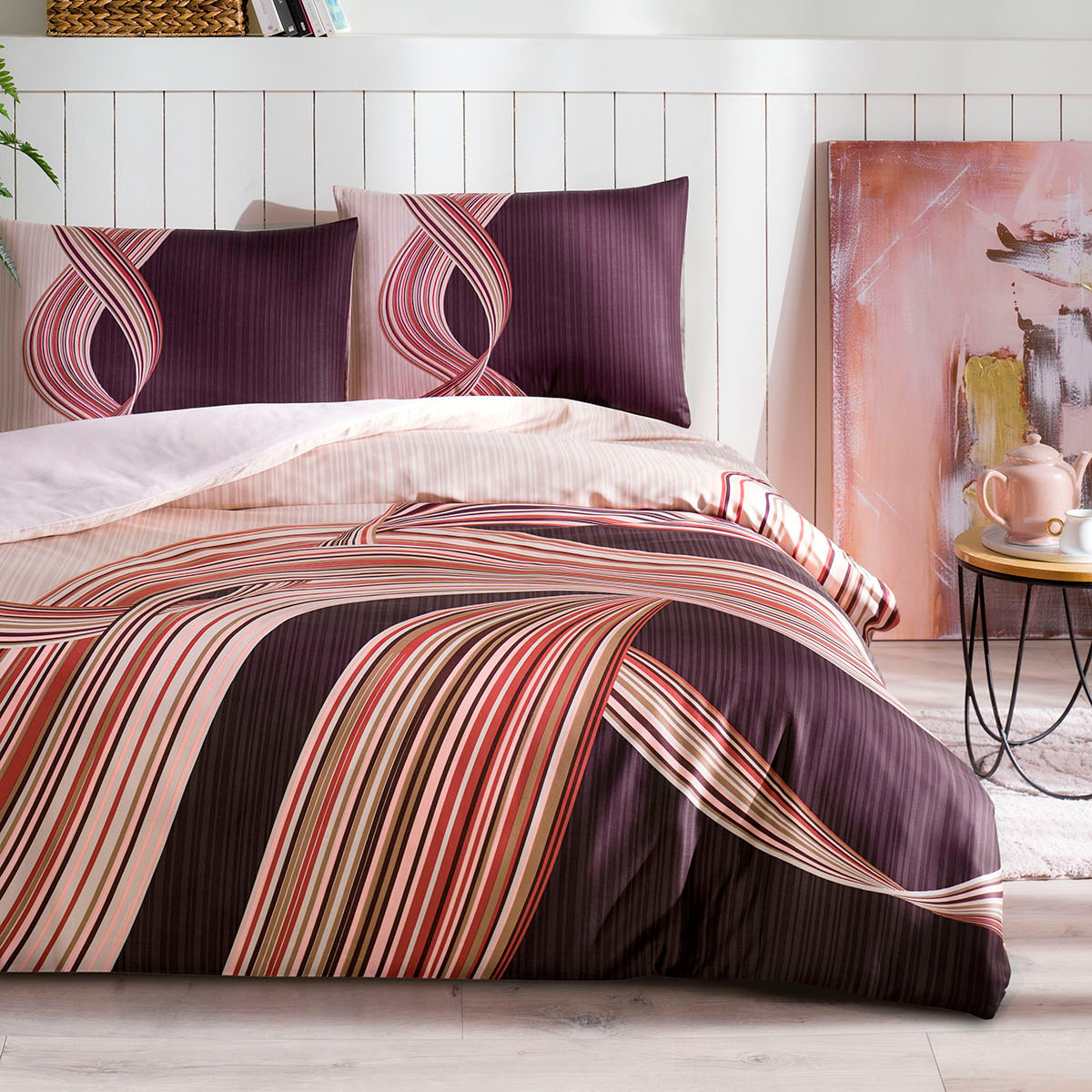 Bettwäsche, 4tlg, 200x220cm, Mako-Satin, Baumwollsatin #PINK WAVE